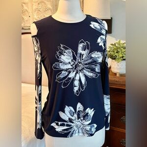 Donna Karan Navy Floral Cold Shoulder Top